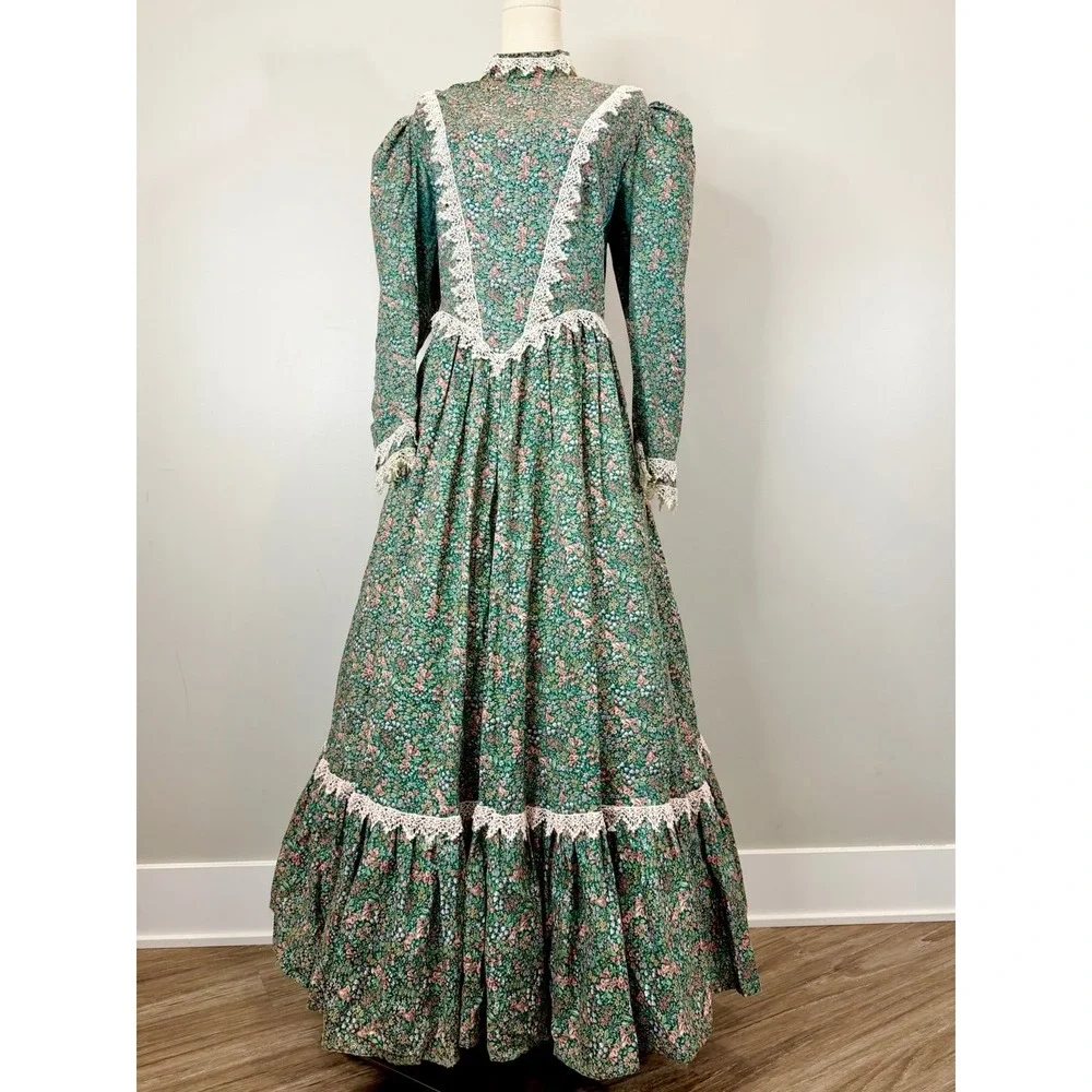 Vintage 1970s Prairie Dress Green Victorian Edwardian Antique Style 70s Fit L XL
